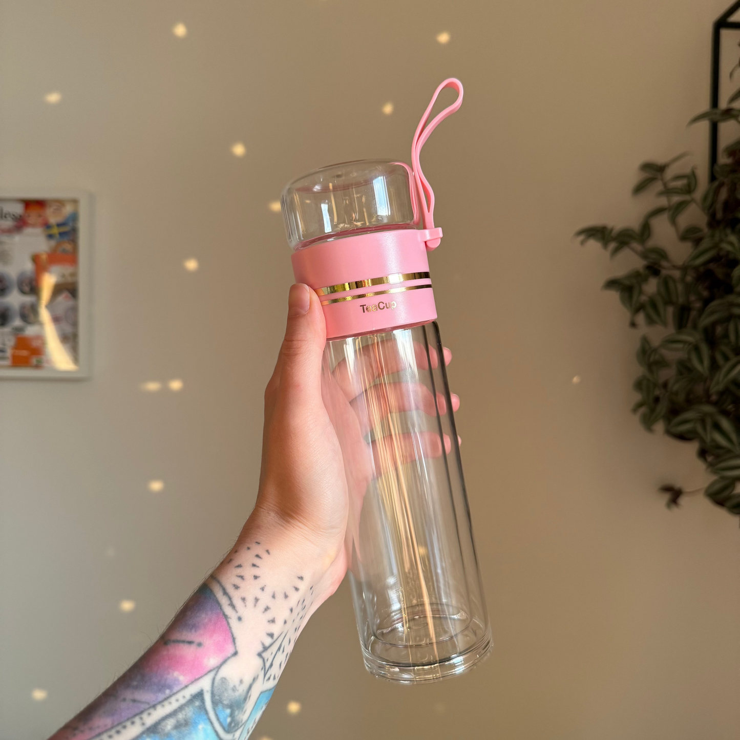 Double-Walled Glass Tea Bottle (pink), 450 ml