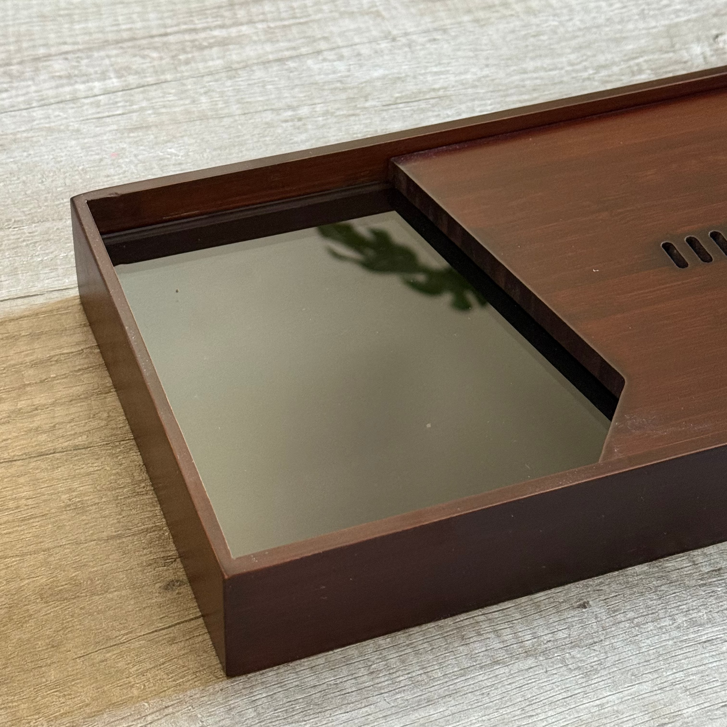 Bamboo Tea Tray (dark) with a Glass, 37×17 cm