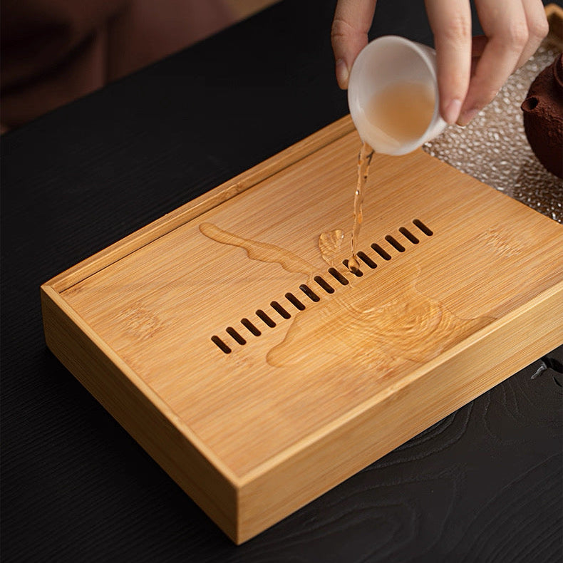 Bamboo Tea Tray (light) with a Glass, 37×17 cm