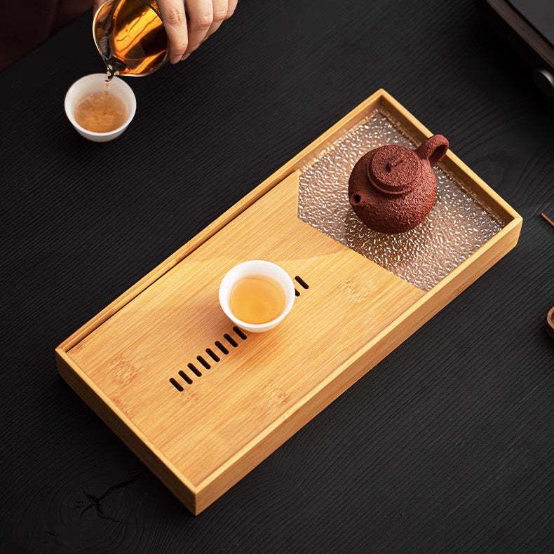Bamboo Tea Tray (light) with a Glass, 37×17 cm