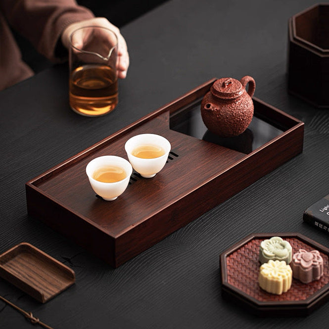 Bamboo Tea Tray (dark) with a Glass, 37×17 cm